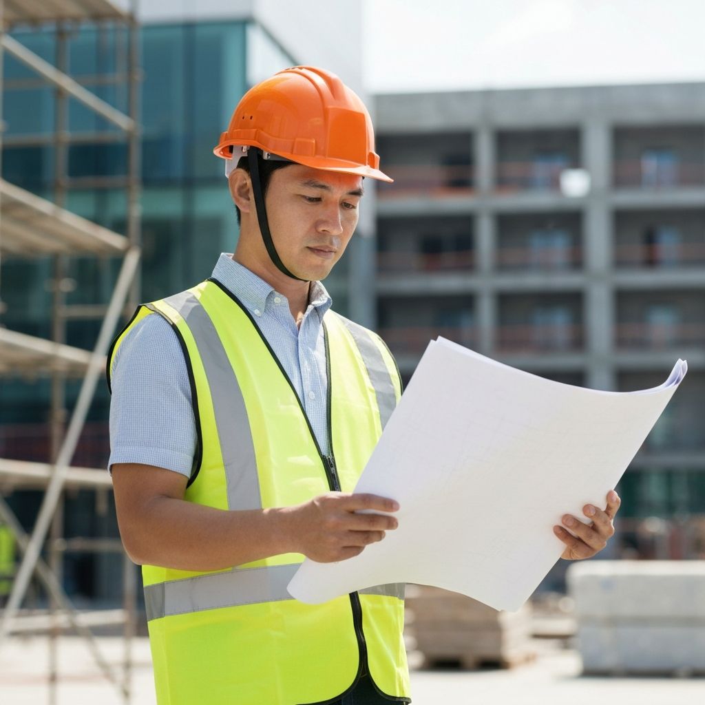 Inżynier budowlany analizujący plany na placu budowy